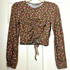 So Floral Ruched Front Crop Top Junior's SMALL Multicolor Balloon Sleeve Top